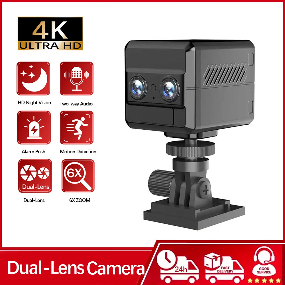 

WiFi or 4G Sim Mini 4K Dual-Lens Camera 6X Zoom Motion Detection Night Vision 4000mAh Big Battery Two-Way Intercom Surveillance