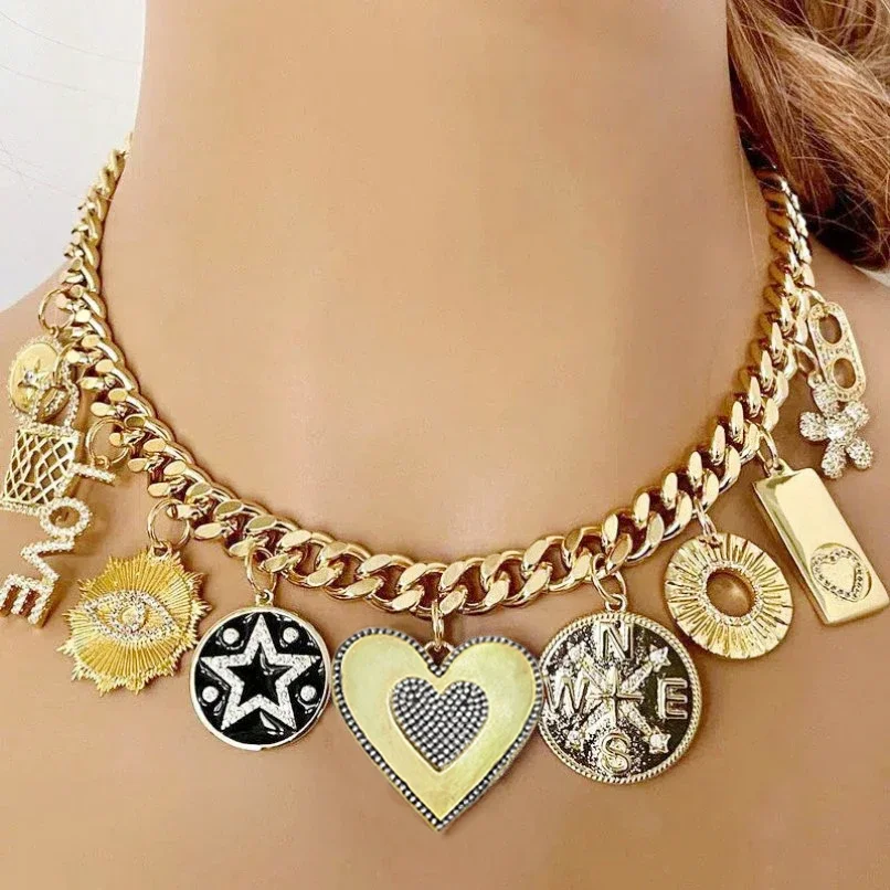 5pcs Stainless Steel Choker Gold Color Mix Charm Cable Chain Rhinestone Heart Love Evil Eye Jewelry Collares Custom Necklace