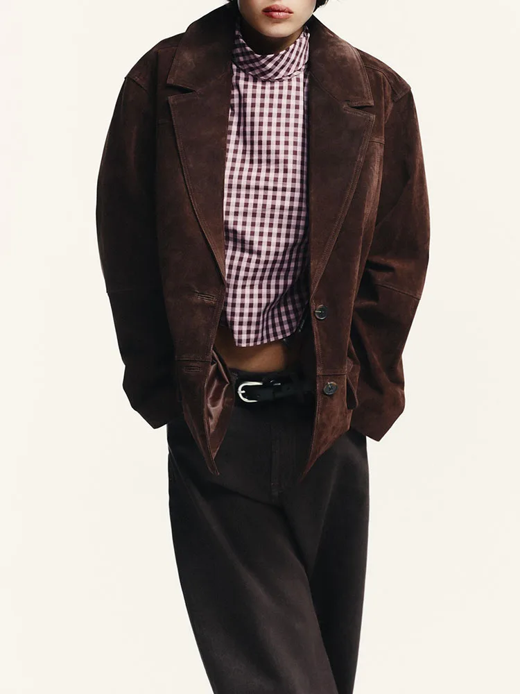 2025年秋新作 レディースファッション レザー風スエード ルーズスーツジャケット エレガント 高品質 長袖 ボタン留めコート