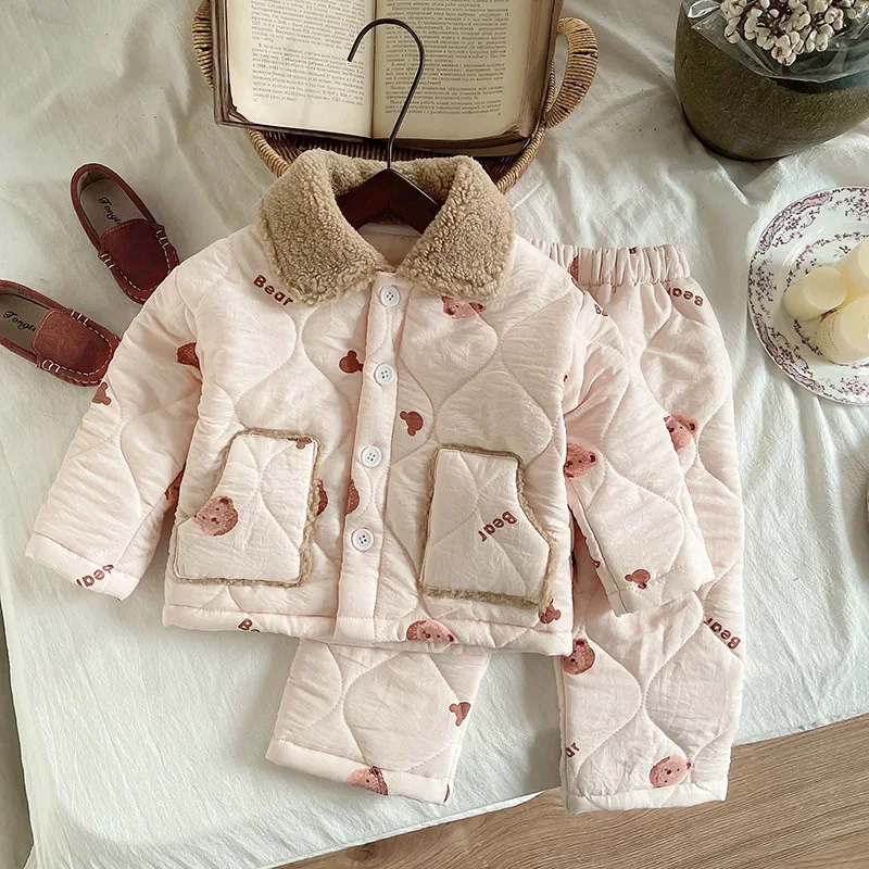 

2025 Winter New Kids Sleepwear Cute Bear Print Cotton Padded Homewear 2PCS Outfit Shearling Collar Boys Girls Warm Pajamas Set
