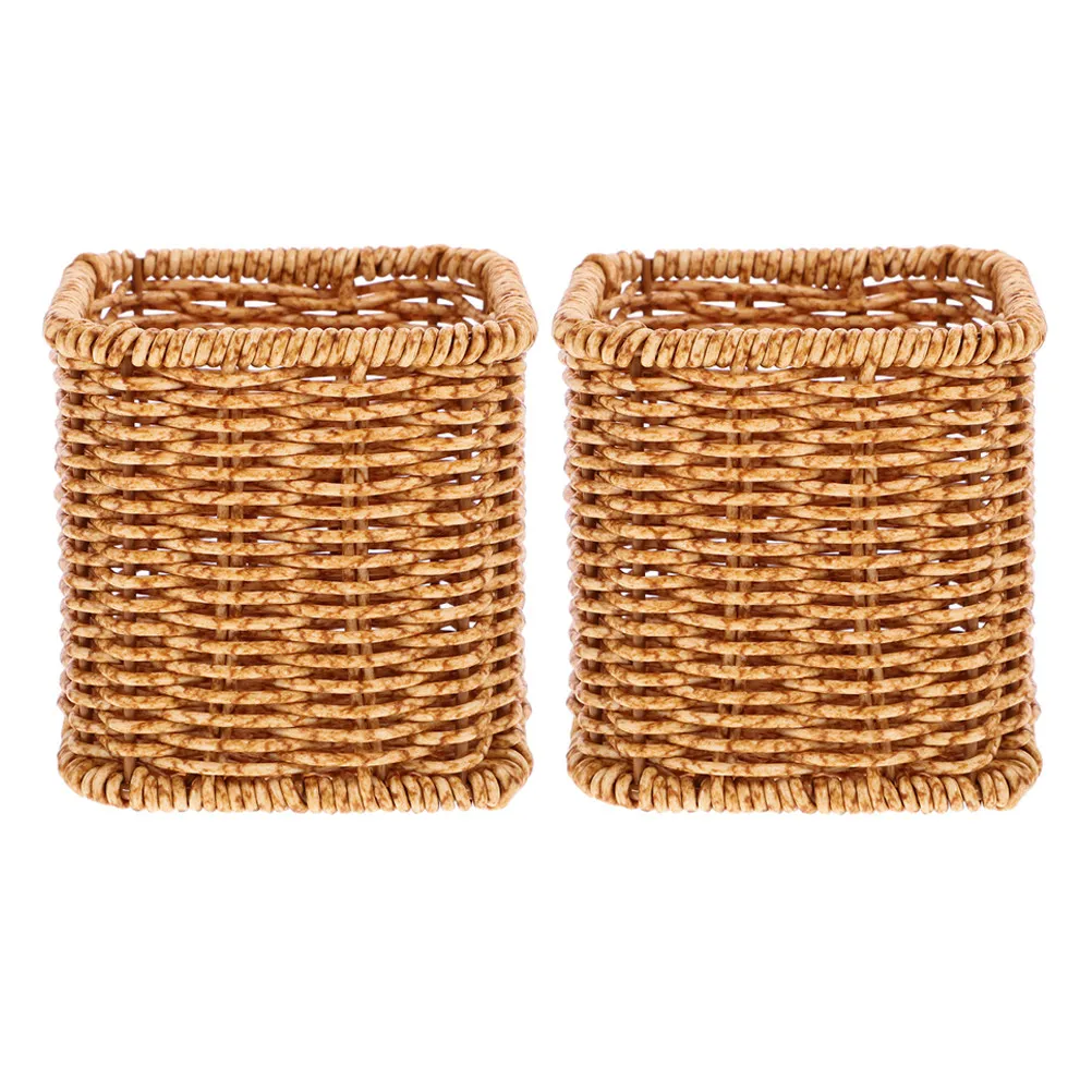 2Pcs Stationery Storage Organizer Cute Pen Holder Rattan Weave Desk Makeup Brush Holder Vanity Case Desktop Decoration Cute