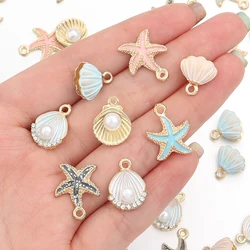 10 unids/lote de colgantes de estrella de mar con concha de perla de aceite que gotea, esmalte para accesorios de joyería Diy, pulsera, pendientes, colgante de aleación