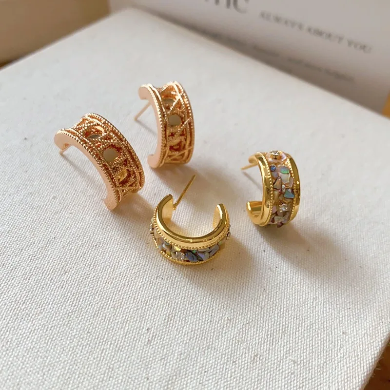 Minar Korean Style Irregular Multicolor Natural Shell C Shaped Stud Earrings for Women 18K Real Gold Plated Copper Daily Jewelry