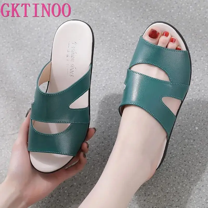 GKTINOO Women Slippers Shoes Genuine Leather Casual Slides Women Summer Shoes Retro Solid Mother Shoes Wedges Flip Flops Size 43