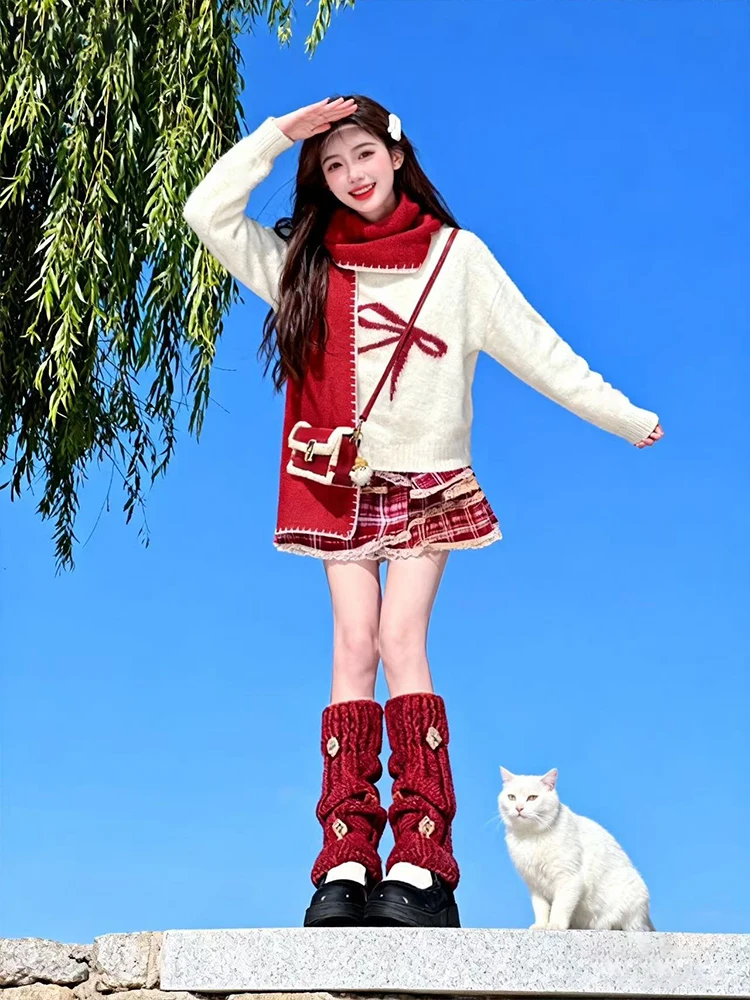 

Cisas Aosphere Sweet Knot вязаный свитер в клетку Dr Set модный антивозрастной осенне-зимний женский комплект O...