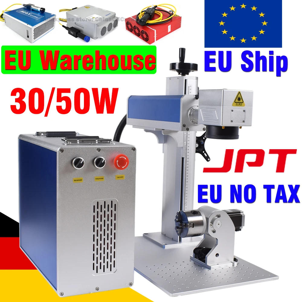 Máquina de marcado láser de fibra JPT 50W con eje rotativo Raycus 50W 30W MAX 50W para grabado de Metal, envío rápido desde la UE