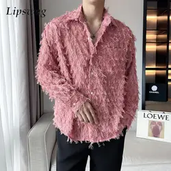 Party Fashion Tassel Design Shirts For Mens 2025 Spring Fall Casual Buttoned Lapel Shirt Vintage Solid Color Men Cardigan Tops