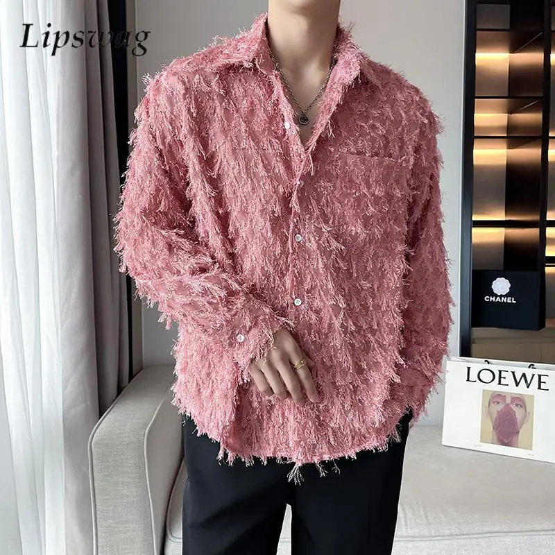 Party Fashion Tassel Design Shirts For Mens 2025 Spring Fall Casual Buttoned Lapel Shirt Vintage Solid Color Men Cardigan Tops