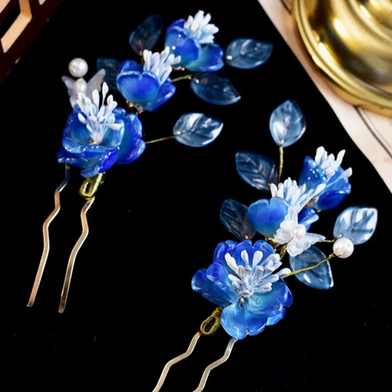 

2PC Hanfu Headwear Blue Flower Super Immortal Glass Hairpin Chinese Style Hairpin Ancient Style Hairpin