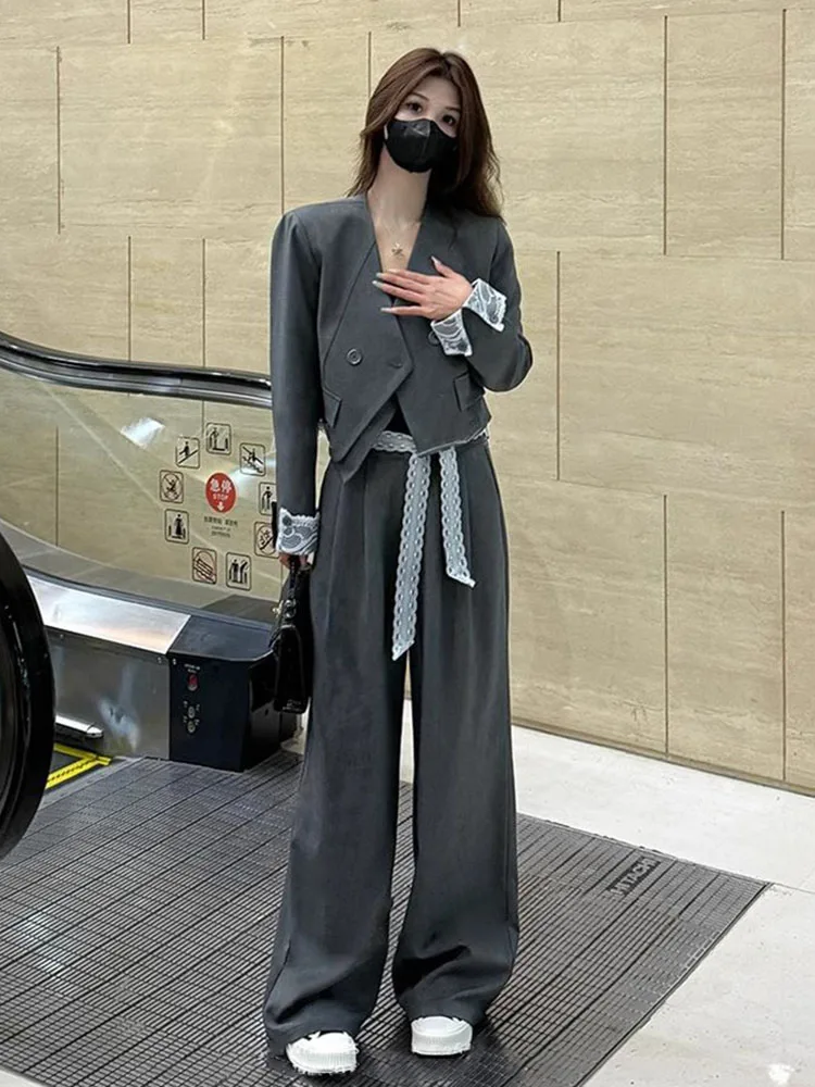 

Серые женские комплекты с длинными рукавами, легкий роскошный кружевной лоскутный костюм, куртка, прямые брюки с эластичной резинкой на талии, комплект из 2 предметов, одежда