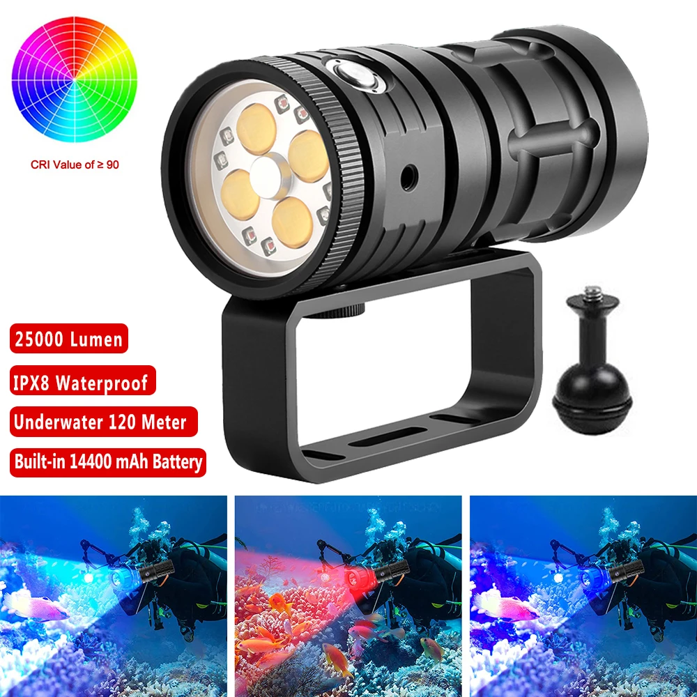 

25000LM Photography Diving Flashlight Red/Bule/White 120m Depth Diving Lamp 95 High-definition Underwater Camera Video Lamp