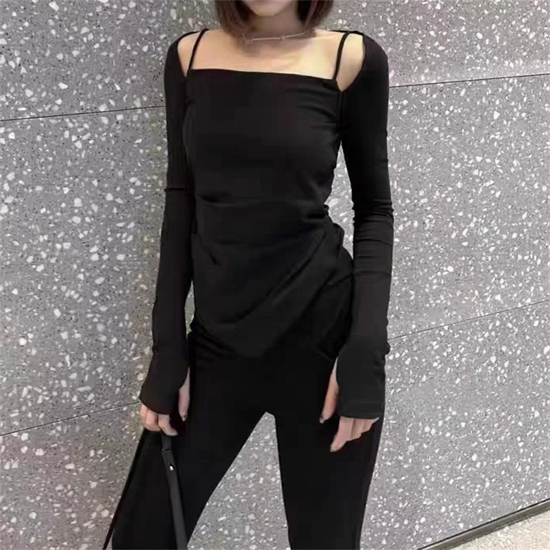 

2026 весенняя новая женская эластичная облегающая футболка с открытыми плечами и длинными рукавами y2k, модный сексуальный топ с открытой спиной и лямкой на шее