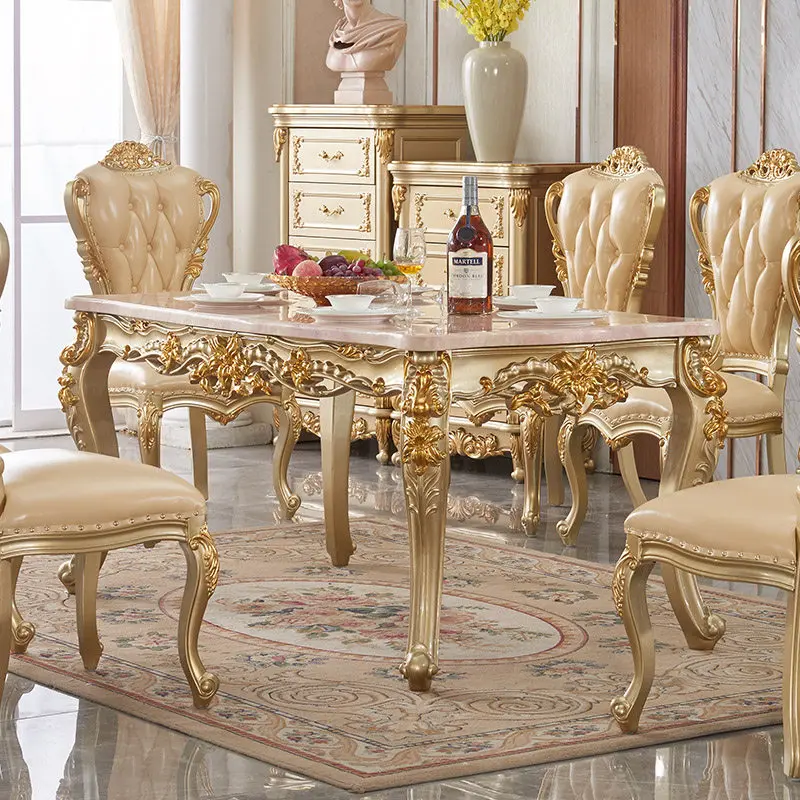 European dining table All solid wood square table Marble champagne Gold dining table and chair combination Restaurant Luxury rec