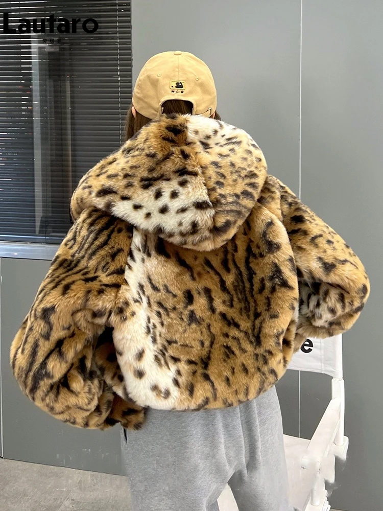 Lautaro Winter Short Thick Warm Leopard Print Faux Fur Coat Women with Hood Raglan Long Sleeve Hot Girl Loose Soft Fluffy Jacket