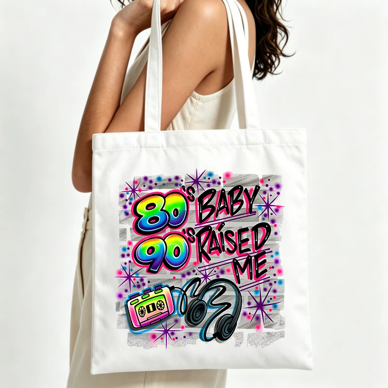 vintage text and music graphic canvas tote bag, retro style for casual daily use and weekend outings