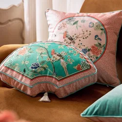 Chinese Birds Flora Pillow Pink Velvet Cushion Case Retro Decorative Pillow Cover For Sofa Chair Bedding Fan Cushion Home Decor