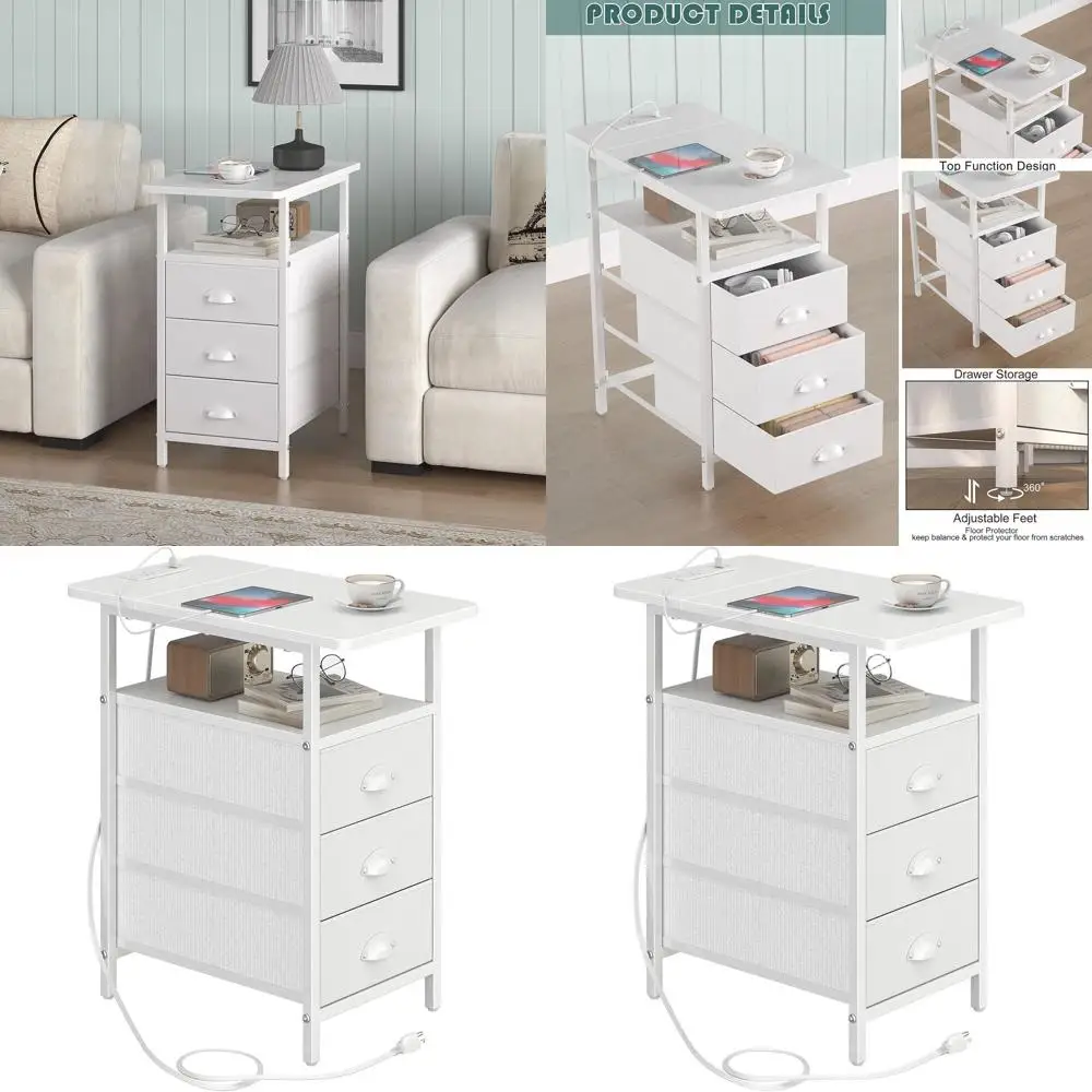 

Space-Saving Charging End Table with USB & Outlets, Sleek White Nightstands for Bedrooms and Living Rooms