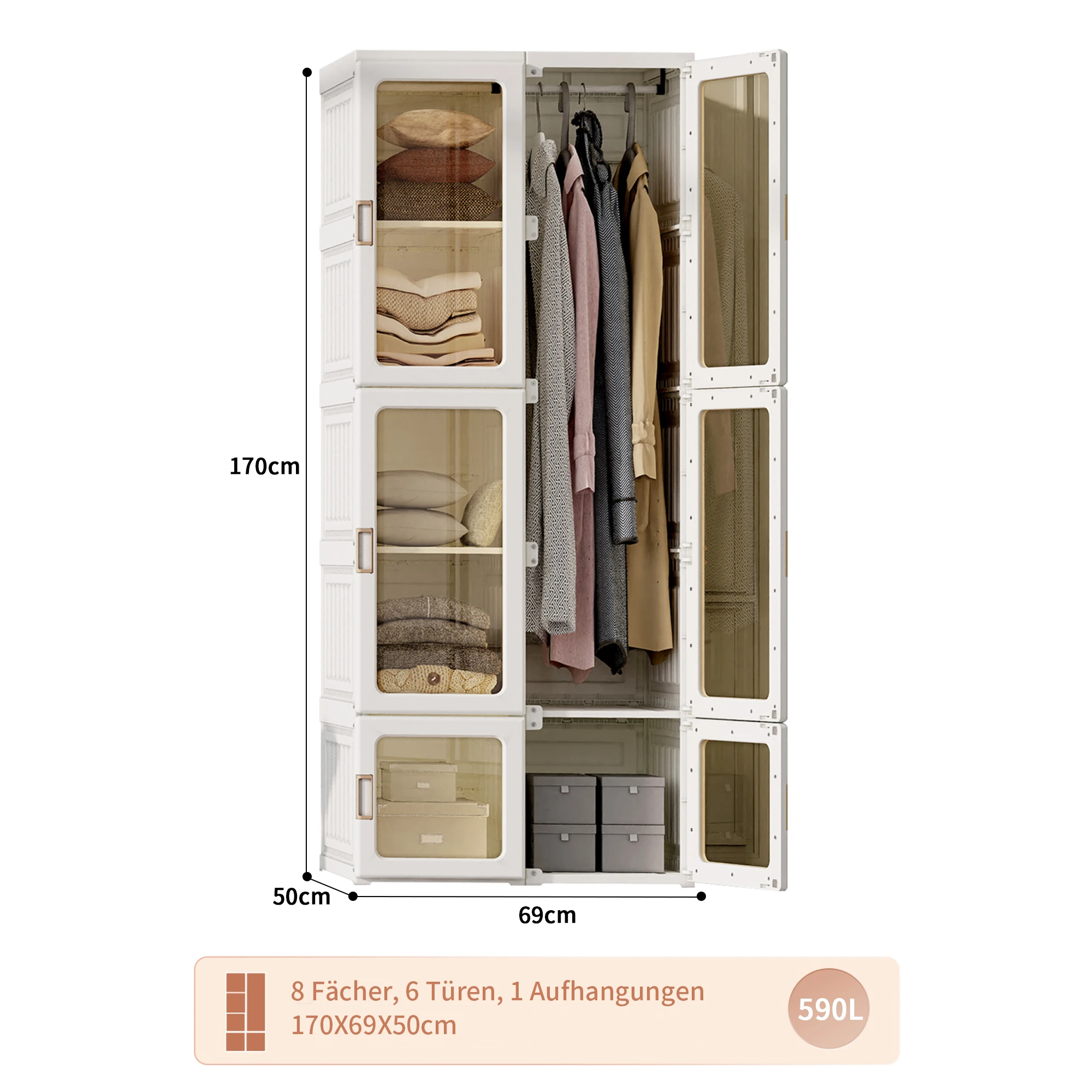 Superaly Witte Draagbare Garderobe, Opvouwbare Opbergkast met Kledingrek, Slaapkamerkast, Multifunctionele Kast voor de Slaapkamer