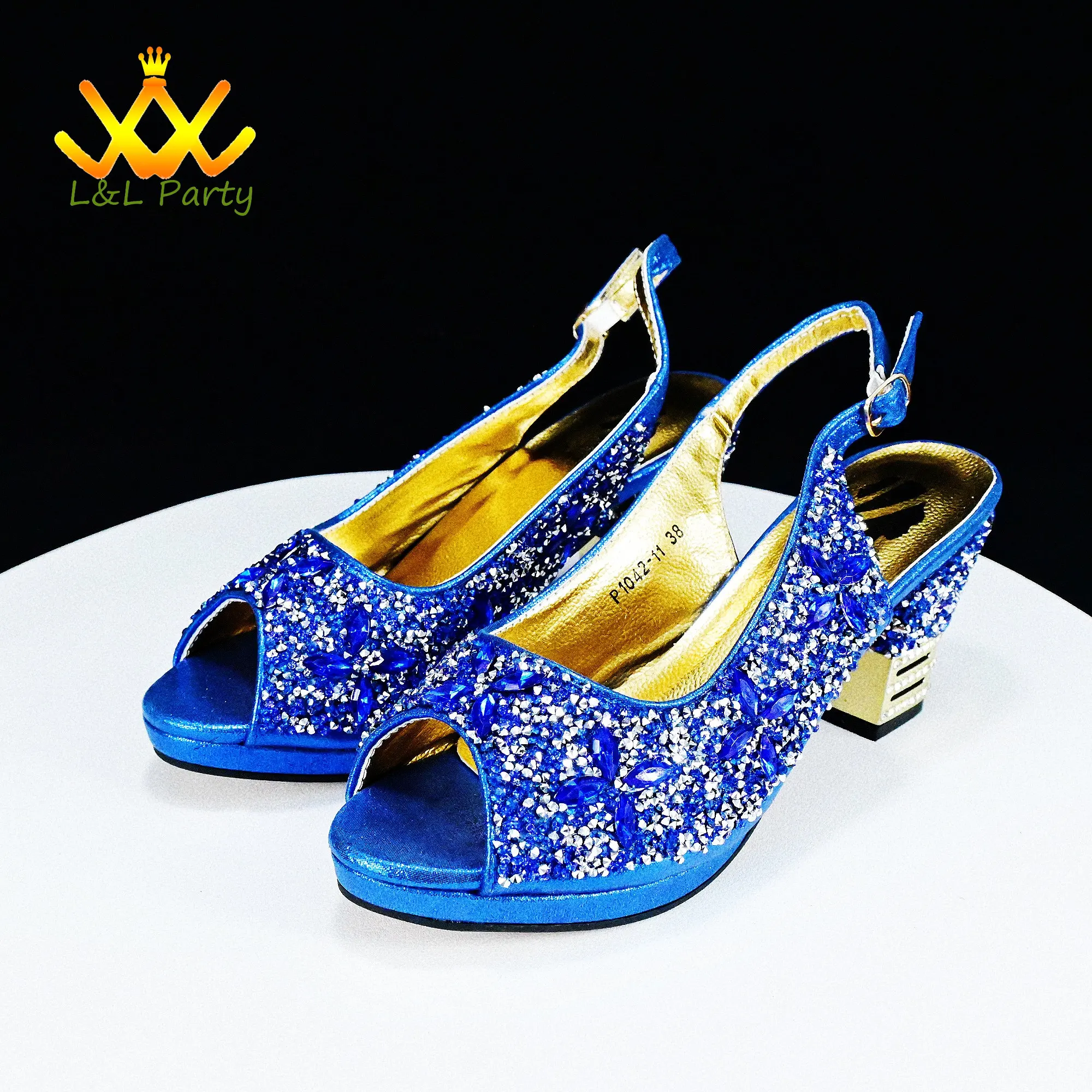 Blue Color Fashion New Arrivals 2024 Spring Summer Design Italian Women Shoes Matching Bag Set with Shinning Crystal for Party