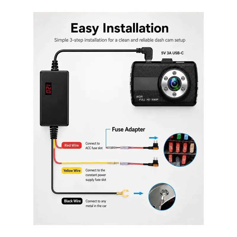Dash Cam Hardwire Kit- Fuse Tap Adapter 12V/24V With Low Voltage Protection Suitable For Most USB-C Models