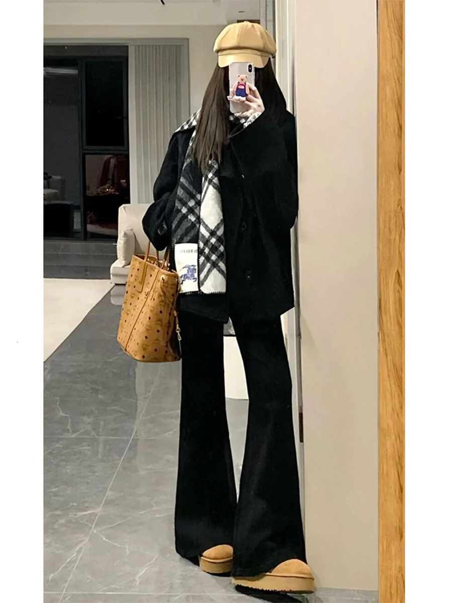 

Плюс размер, прямые расклешенные джинсы с высокой талией, женские весенне-летние утягивающие брюки, повседневные хлопковые эластичные брюки