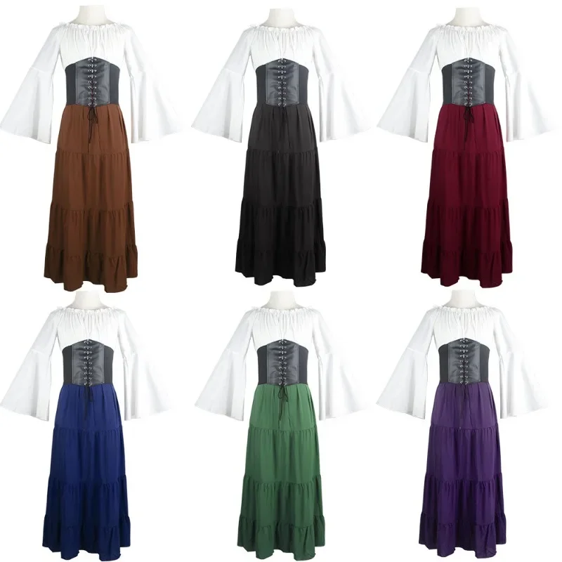 

Medieval Cosplay Costume Renaissance Party Dress Gothic Bell Sleeve Maxi Gown for Women Corset Lacing Victorian Steampunk Cos