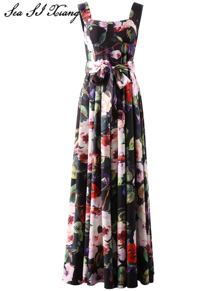 

Seasixiang Fashion Designer Spring Maxi Dress Women Spaghetti Strap Lace-Up Floral Print Bohemian Backless Long Dresses