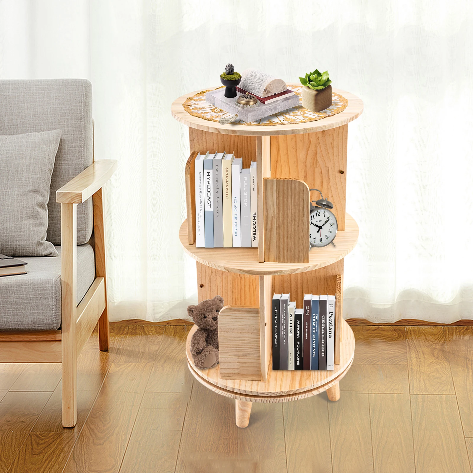 

2 Tiers 360° Rotatable Wood Bookshelf Storage Cylindrical Display Shelf Freestanding Bookcases & Shelving Living Room Furniture