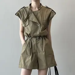 Women Clothing Summer Minimalist Short Sleeve Chic Slim Jumpsuit Shorts Female Vintage High Waist Solid Pockets Rompers Overalls