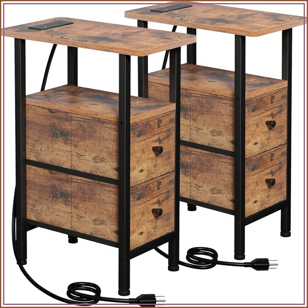 

Narrow Nightstand with Charging Station, End Tables Set of 2, Skinny Side Table with Fabric Drawers, Slim Sofa Table for Living Room, Bedroom, Small Spaces, Rustic Brown