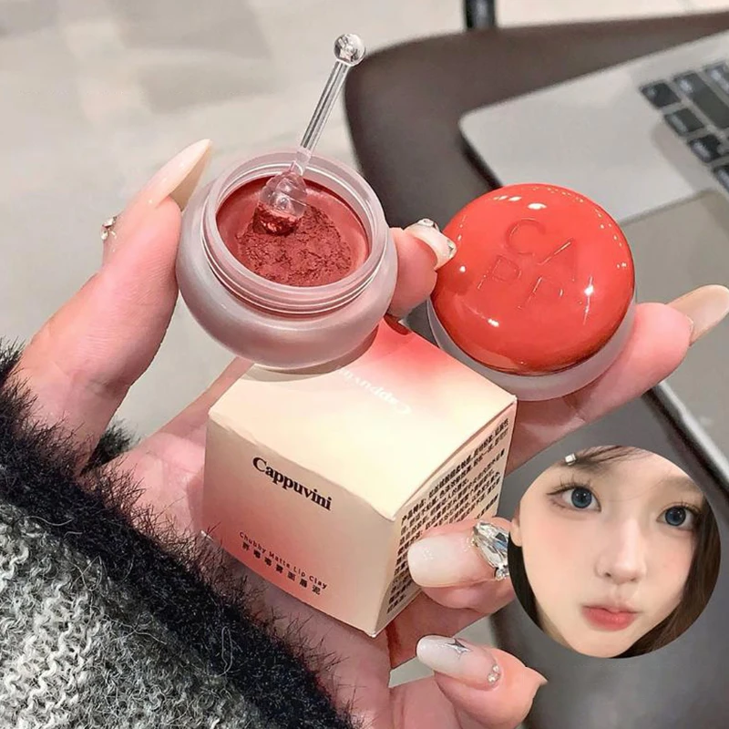 Cappuvini Canned Lip Mud Mist Lipstick Moisturizing Velvet Matte Mousse Solid Lip Gloss Cheek Blush Cream Tint Lips Cosmetic