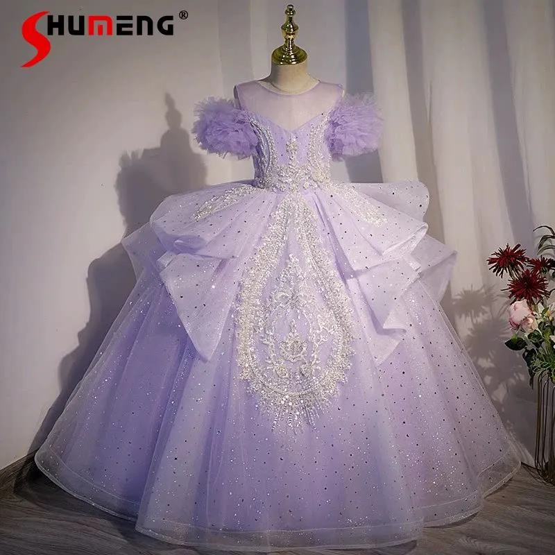 

Фиолетовое платье принцессы для девочек: нарядное платье для дня рождения, выступления на фортепиано, модное платье для показа мод