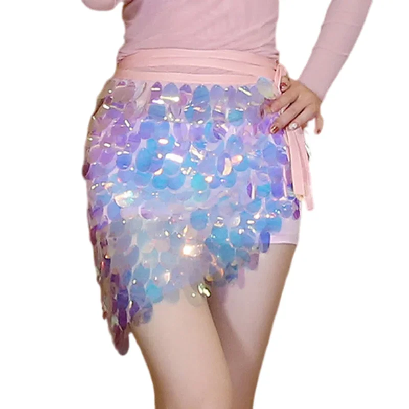 Sparkling Belly Dance Skirt Mermaid Sequins Mesh Triangle Hip Scarf S/XL Pink Green Cheap On Sale