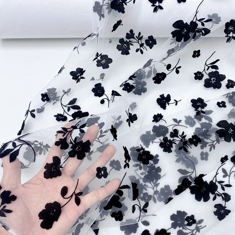 45x150cm Black Flocking Floral Rose Voile Net Fabric See Through Drape Fabric Tulle Mesh Craft Material For Curtains Khaki