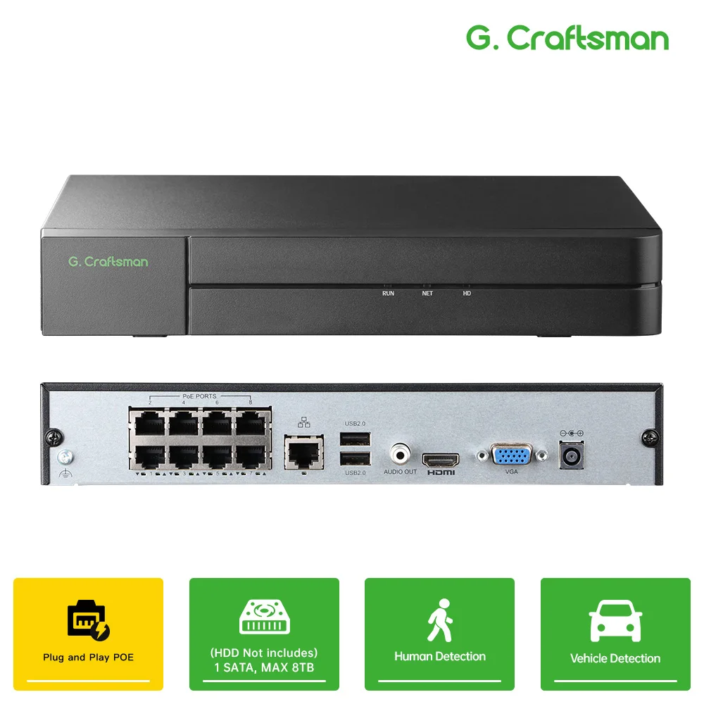 C-U,8CH POE Network Video Recorder 4K Home security NVR system surveillance AI Smart Alarm H.265 Guard viewer HDMI ONVIF,GC