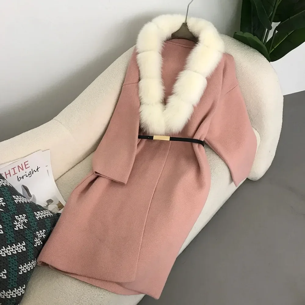 

Свитер Вязание Новая одежда Зимняя куртка Женская шуба из натурального лисьего меха Воротник Пояс Длинная свободная толстая теплая верхняя одежда