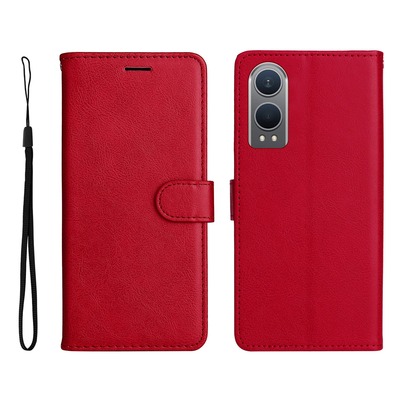 

Для Oppo K12x 5G (Китай) / OnePlus Nord CE4 Lite 5G Кожаный чехол-кошелек с ремешком Однотонный чехол-подставка для телефона - красный