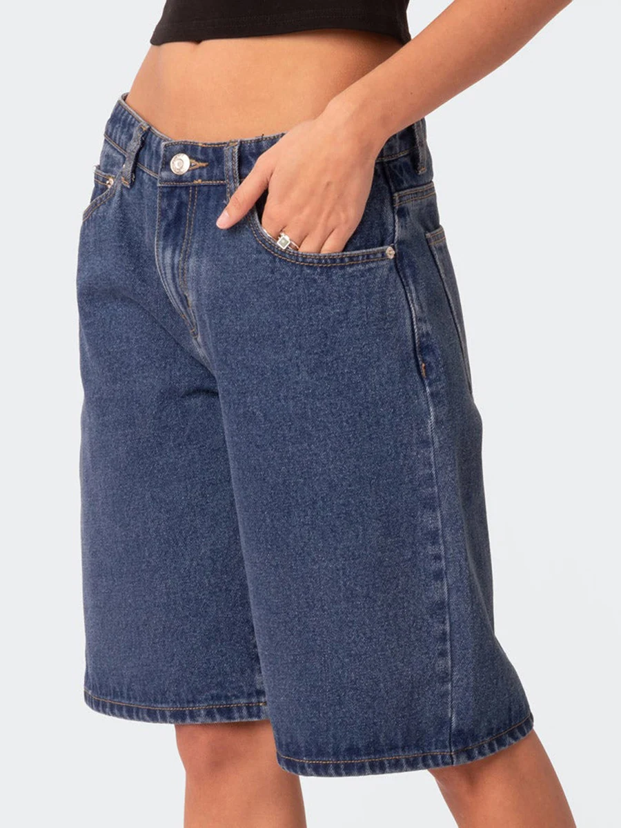 Pantalones cortos de mezclilla hasta la rodilla para mujer, pantalones cortos de mezclilla a la moda, Color sólido, cintura alta, ajuste suelto, con bolsillos, ropa de calle de verano