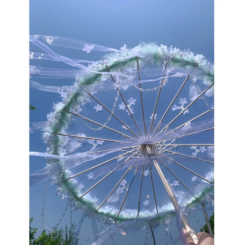 Antique Hanfu Flower Waterproof Beach Lace Umbrella Feather Lolita Streamer Aesthetic Atmosphere Cosplay Yarn Umbrella Parasol