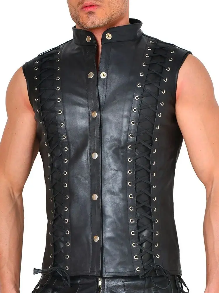 

Sleeveless Faux PU Leather Tank Tops Single Breasted Tanktop Punk Eyelets Rivets Waistcoat Hot Shapers Mens Muscle Bodybuilding