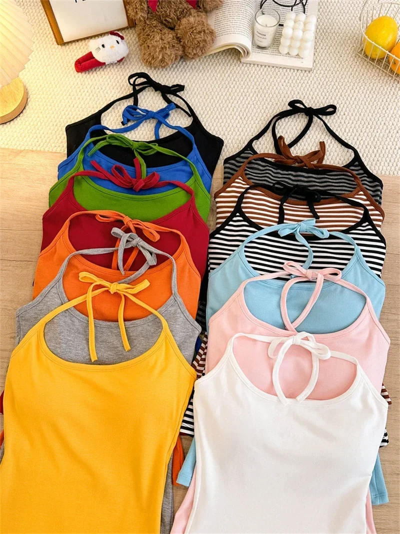 Koreanischer Stil Mehrfarbiges Crop-Top mit Bindeband und integriertem BH-Pad – Sexy, eng anliegendes Tanktop für Damen – Detail 4