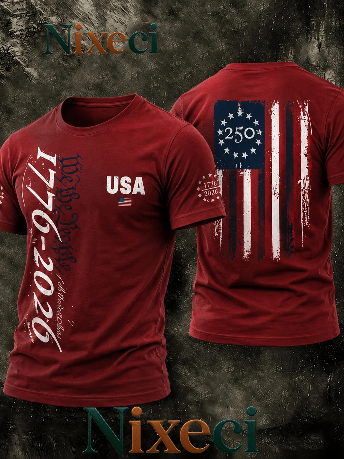 American Retro Distressed USA Flag Short-Sleeved T-Shirt, Independence Day 1776-2026 Printed Summer Loose Casual Men's T-Shirt.
