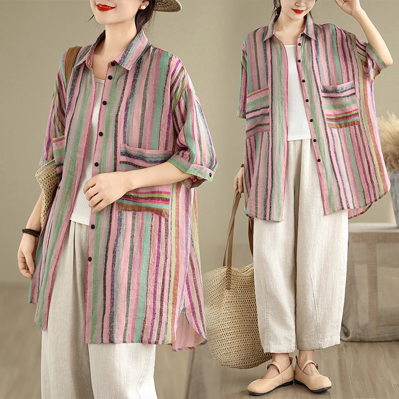 Casual Striped  Ne ort Sve irt Women's Mid-Length Lazy Sle Big Size Design Sensation Faionable Office Commute