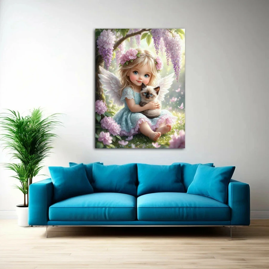 Diy Diamond Embroidery Cartoon Angel Girl and Cat Picture Diamond Painting Full Drill Cartoon Mosaic Cross Stitch Kit Wall Decor view 2