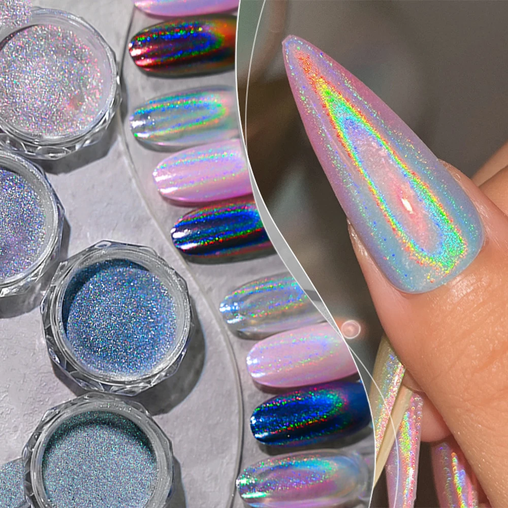 0.3 جرام-4 ظلال قزحي الألوان الكروم مسحوق المجسم مرآة بريق الصباغ النيون الفضة فرك الغبار مسمار لوازم الكروم مسحوق فلاش