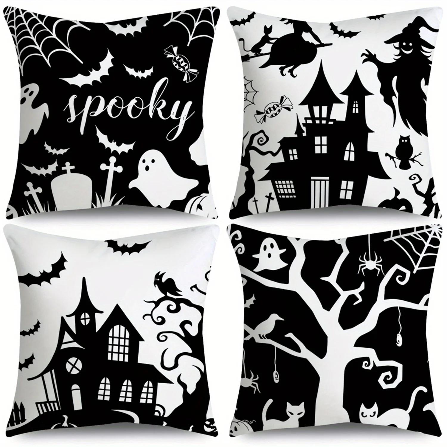 4pcs Spooky Halloween Throw Pillow Covers - White Bat, Ghost, Cross, Black Castle, Witch, Spider Designs - Polyester
