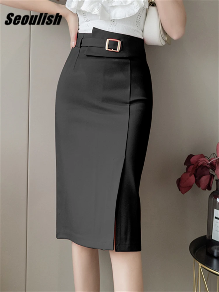 Seoulish Spring Summer Buttons Women's Wrap Midi Skirts 2023  New High Waist Workwear Front Split Sheath Pencil Skirts Female