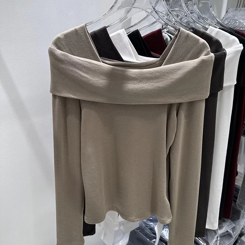 Long Sleeve Tshirts Women Slash Neck Solid Stylish Slim Tees Casual Tops Autumn Winter Basic Clothes Simple Soft Chic All-match