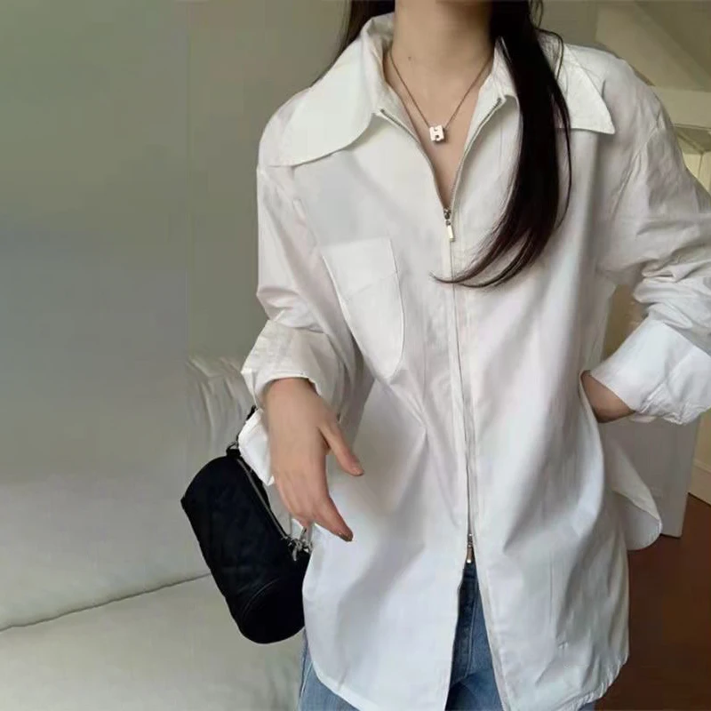 Blusa feminina coreana chique gola virada para baixo com zíper, camisa solta de manga comprida, roupa básica de cor sólida, moda feminina