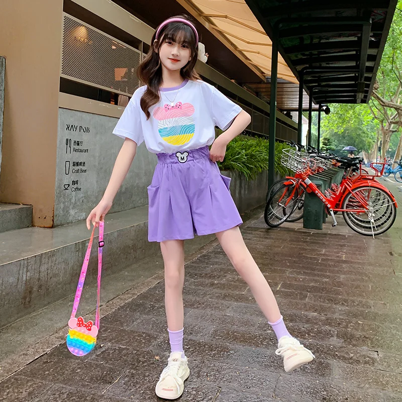 

Summer Kids Clothes Girls Sets Cotton Fashion Cartoon T-shirt and Elastic Shorts Suits Girl Teenager Children Clothing for 10 12